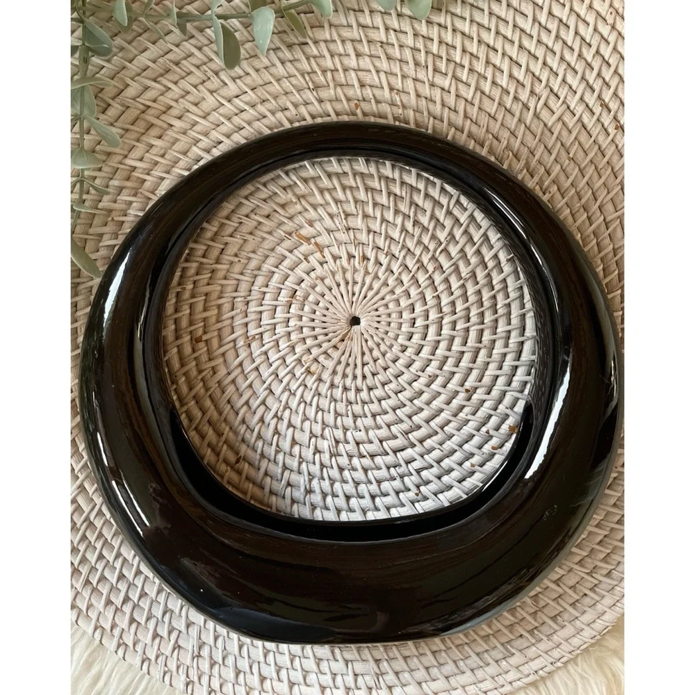Vintage Retro Mod Glossy Black Ceramic Round Donut Planter